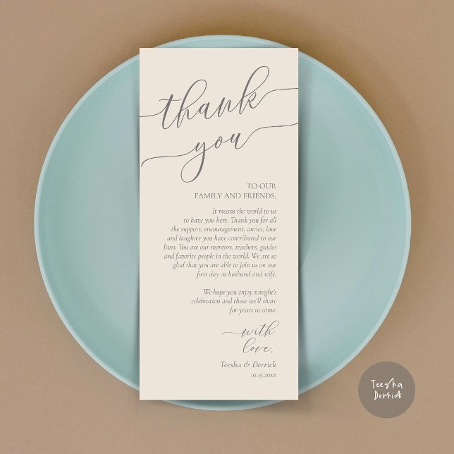 Programa Moderno Romance Dinner Place Setting Gracias Card (Wedding Dinner Place Setting Thank You Card, Modern Romance Design, in Cream and Grey)