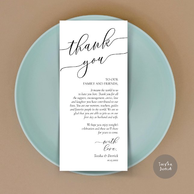 Programa Moderno Romance Dinner Place Setting Gracias Card (Wedding Dinner Place Setting Thank You Card, Modern Romance Design, in Black and White)