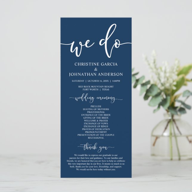 Programa Moderno y elegante Navy Blue, Boda Ceremony Progra (Anverso de pie)