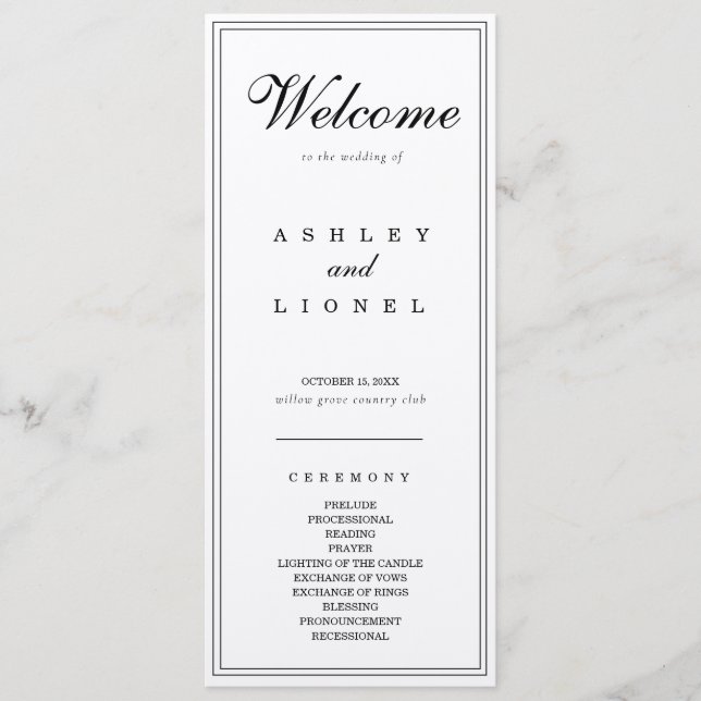 Programa Monograma clásico Boda simple negro y blanco (Anverso)