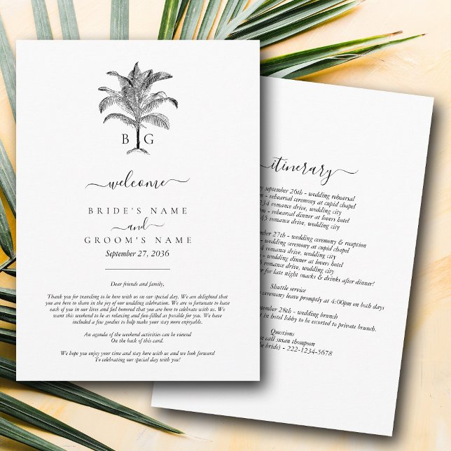 Programa Monograma de árbol de palmas tropical Itinerario B (Tropical Palm Tree Monogram Wedding Itinerary Program)