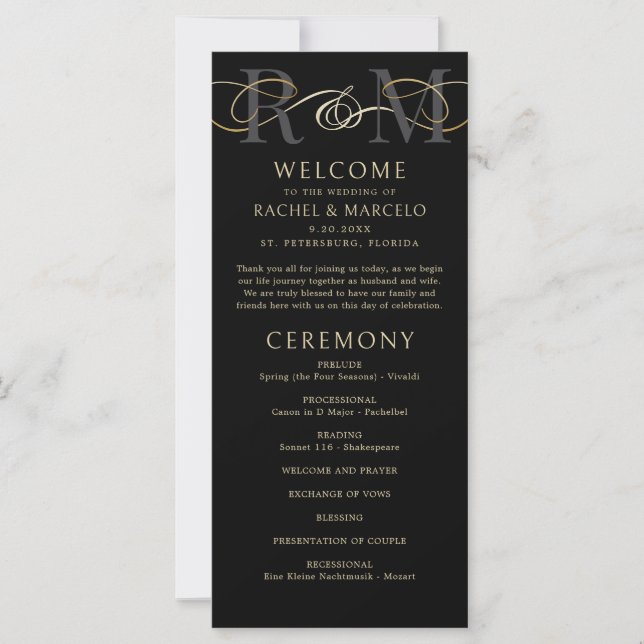 Programa Monograma de Boda Elegante de Oro Negro (Anverso)