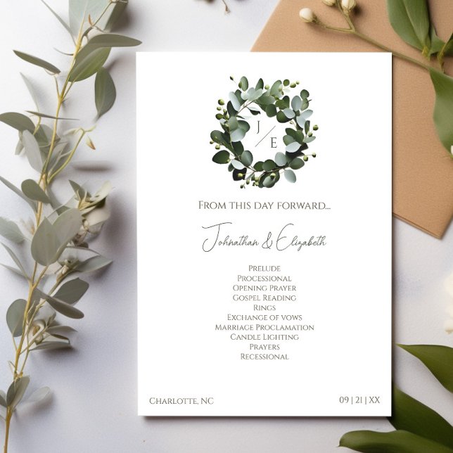 Programa Monograma moderno Eucalyptus Wreath Boda | Blanca (White Modern Monogram Eucalyptus Wreath Wedding Program)
