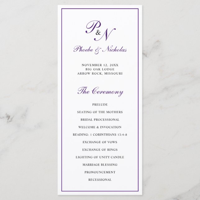 Programa Monograma Purple Formal Elegante Boda (Anverso)