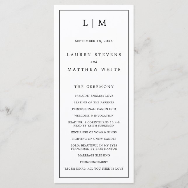 Programa Monograma Simple de Blanco y Negro para Boda Elega (Anverso)