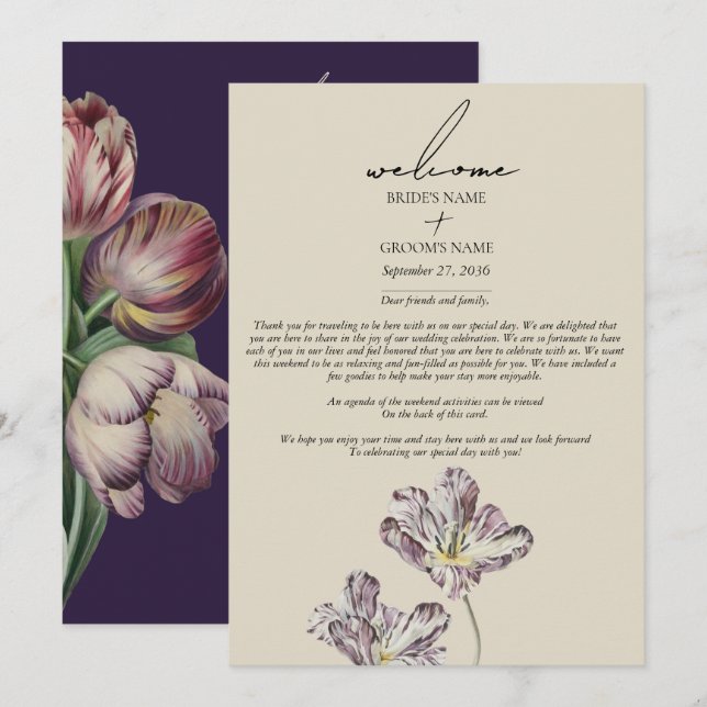 Programa Moody Watercolor Tulipano Púrpura Boda Itinerario (Anverso / Reverso)