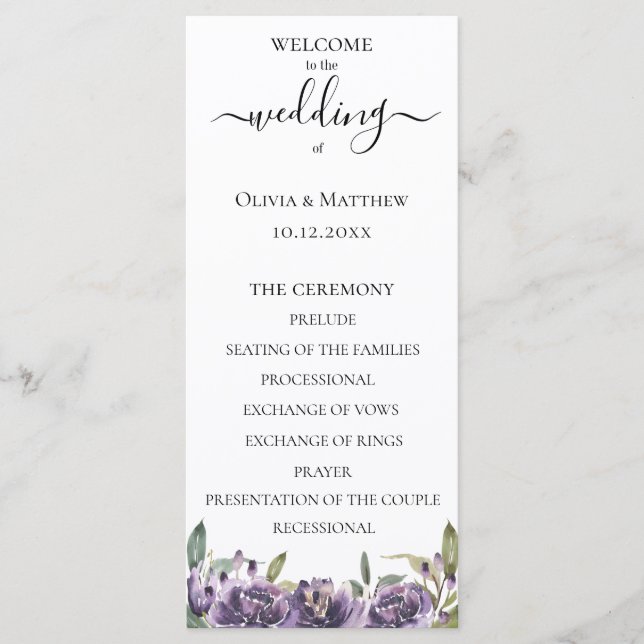 Programa Morado de Boda Floral de Acuarela Botánic (Anverso)