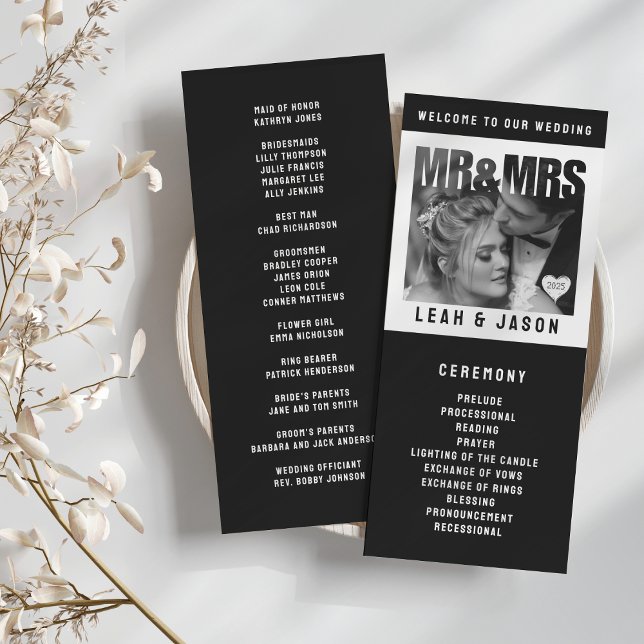 Programa Mr & Mrs. Photo Block Heart Black & White Boda (Mr & Mrs Photo Block Heart Black & White Wedding Program
)