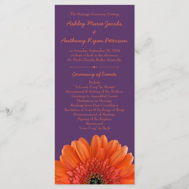 Programa Naranja Daisy Flower Purple Wedding Program (Anverso)