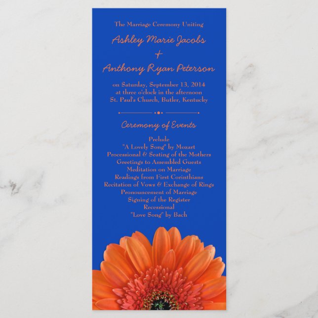 Programa Naranja Daisy Flower Royal Blue Wedding Program (Anverso)