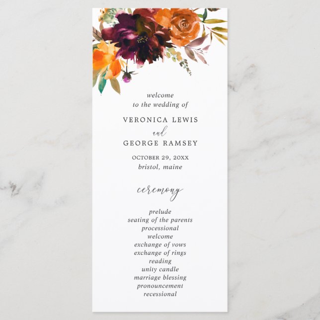 Programa Naranja quemado Burgundy Cae Boda Rústico Floral (Anverso)