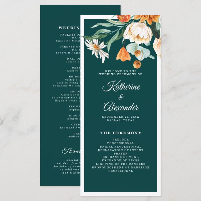 Programa Naranja quemado verde azulado Floral Elegante Boda (Anverso / Reverso)