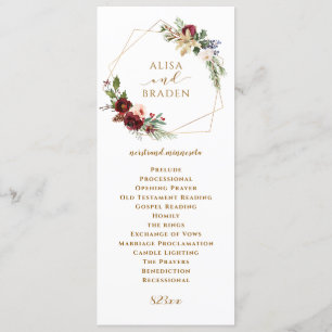 Programa Navidades de invierno Boda Burgundy Watercolor Boh