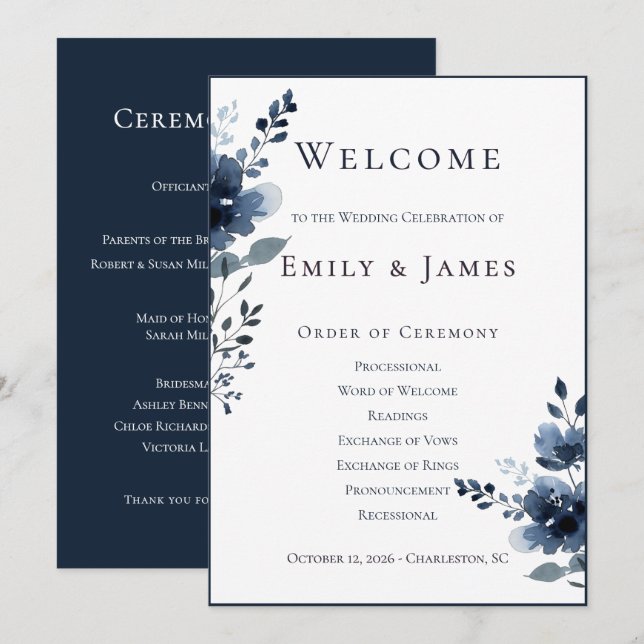 Programa Navy Blue Botanical Wedding (Anverso / Reverso)