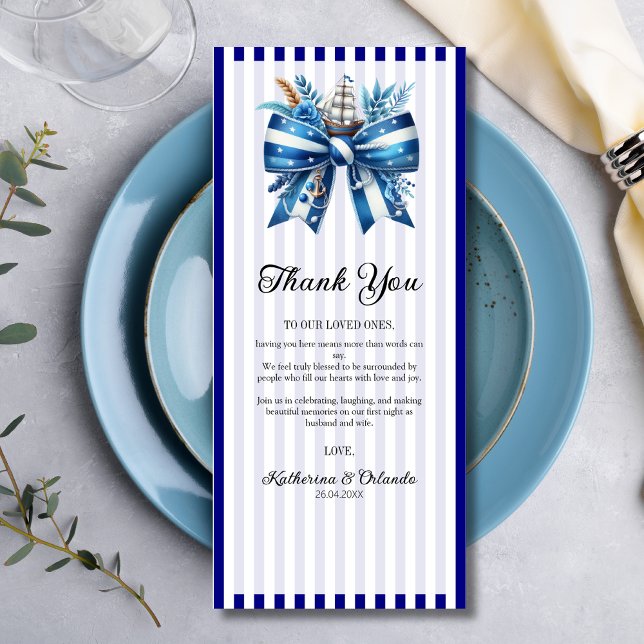 Programa Navy Blue Bow Wedding Place Setting Thank You Card (Subido por el creador)