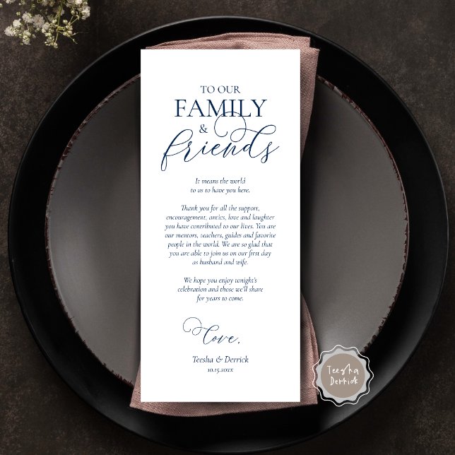 Programa Navy Blue, Dinner Place Setting Gracias Card (Wedding Dinner Place Setting Thank You Card, Modern Romantic Script, Plate Decor, Navy Blue)