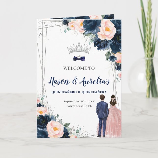 Programa Navy Blue Rubor Floral Twins Boy Chica Quinceañera (Anverso)