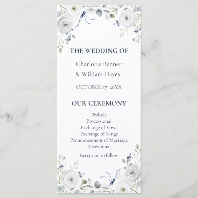 Programa Navy Silver Watercolor Floral Wedding Program (Anverso)