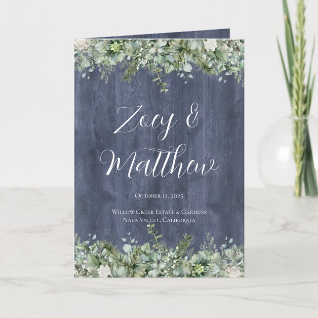 Programa Navy Wood Eucalyptus Wedding Program | Rustic (Anverso)