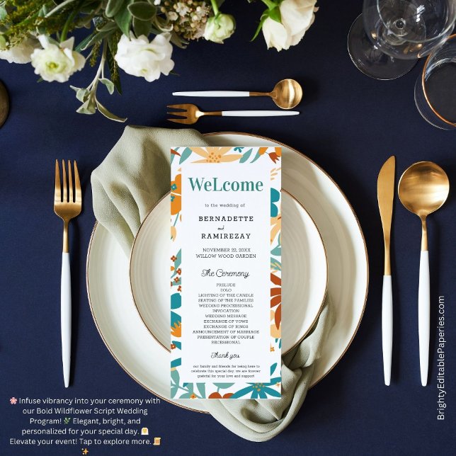 Programa Negrita Resumen Brillante Guión de Flor Silvestre  (Elegance scripted in vibrant blooms! 🌸✨ #WeddingProgram)