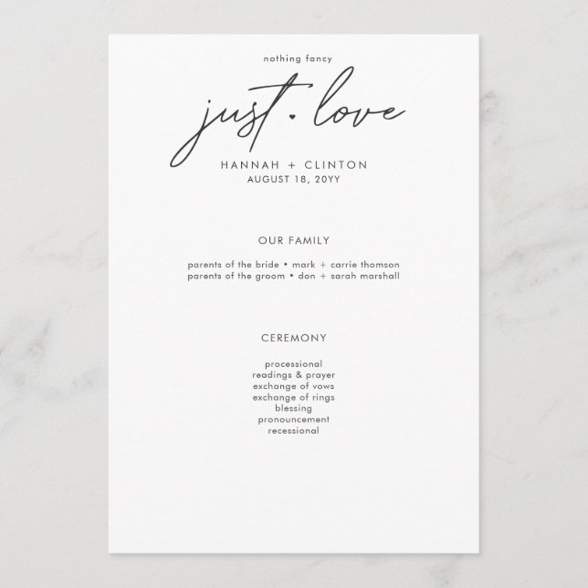 Programa Nothing Fancy Just Love Minimalist Wedding (Anverso)