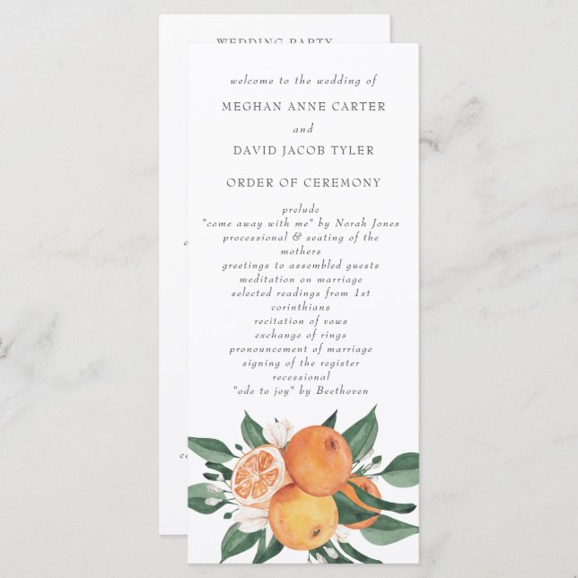 Programa Orange Blossoms Citrus Botanical Wedding  (Anverso / Reverso)