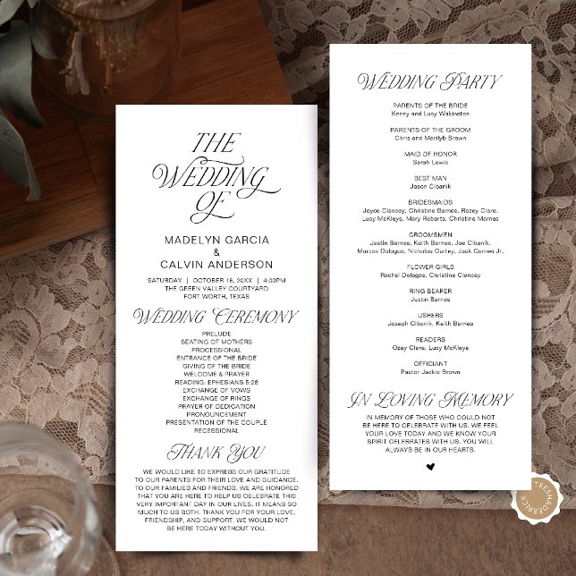 Programa Orden de Ceremonia de Boda Clásica Moderna (Modern Classy Wedding Ceremony Order Program in Black and White)