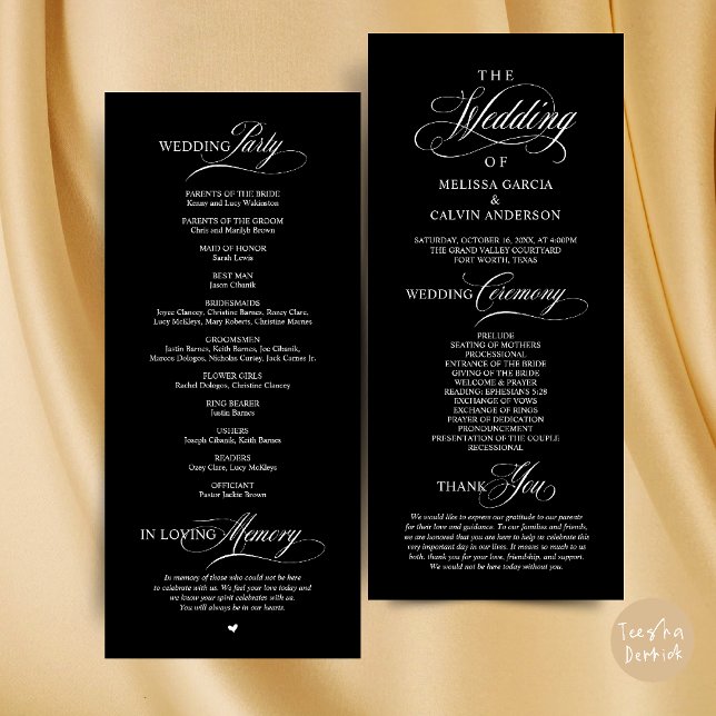 Programa Orden de Ceremonia de Boda Clásico y Elegante (Elegant Classy Wedding Ceremony Order Program Card in Black and White)