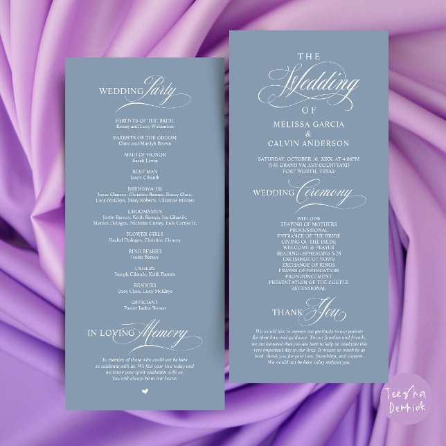 Programa Orden de Ceremonia de Boda Clásico y Elegante (Elegant Classy Wedding Ceremony Order Program Card in Dusty Blue)