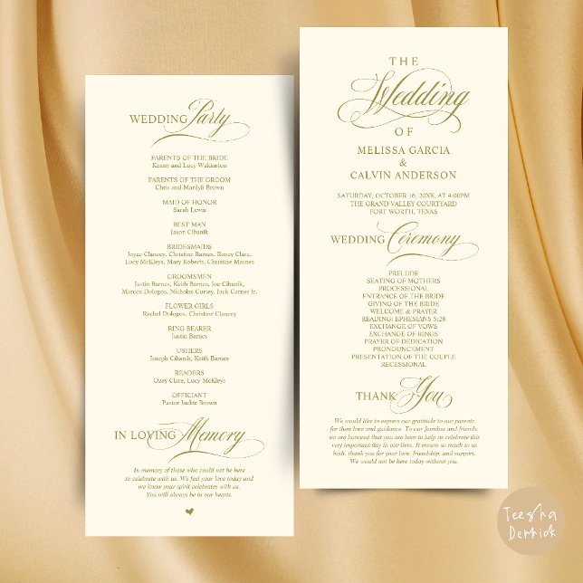 Programa Orden de Ceremonia de Boda Clásico y Elegante (Elegant Classy Wedding Ceremony Order Program Card in Gold and Cream)