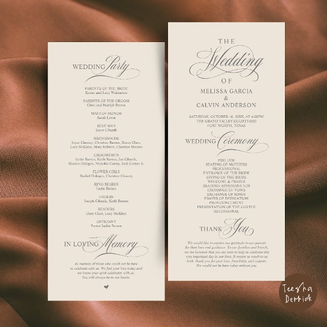 Programa Orden de Ceremonia de Boda Clásico y Elegante (Elegant Classy Wedding Ceremony Order Program Card in Cream and Grey)