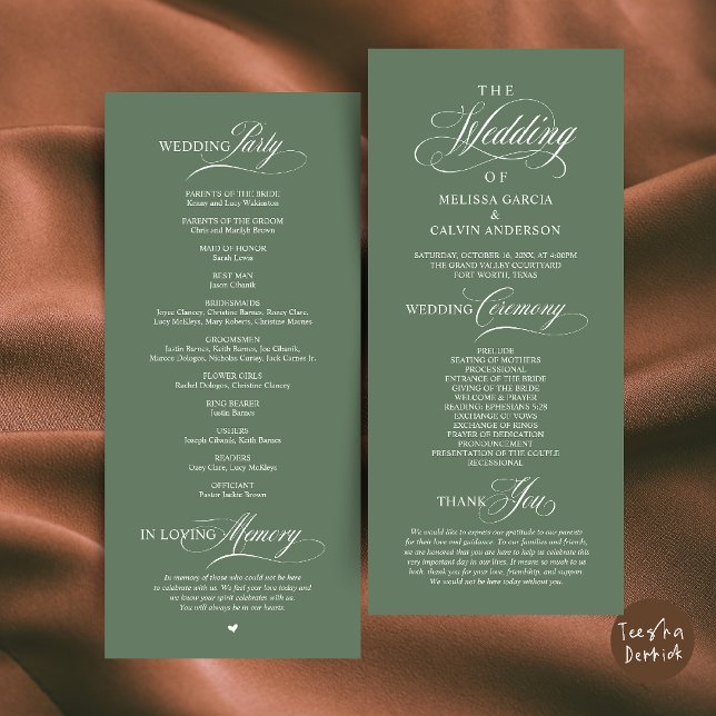 Programa Orden de Ceremonia de Boda Clásico y Elegante (Elegant Classy Wedding Ceremony Order Program Card in Sage Green)