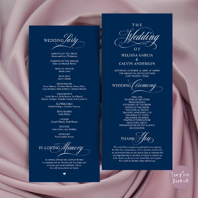 Programa Orden de Ceremonia de Boda Clásico y Elegante (Elegant Classy Wedding Ceremony Order Program Card in Navy Blue)