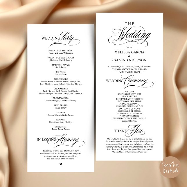 Programa Orden de Ceremonia de Boda Clásico y Elegante (Elegant Classy Wedding Ceremony Order Program Card in Black and White)