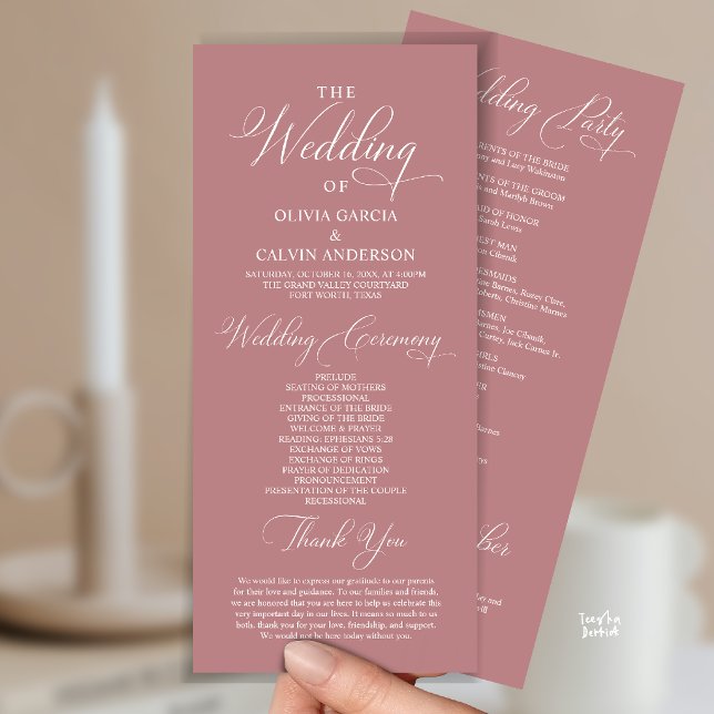 Programa Orden de Ceremonia de Boda Clásico y Elegante (Modern Elegant Classy Wedding Ceremony Order Program Card in dusty rose pink)