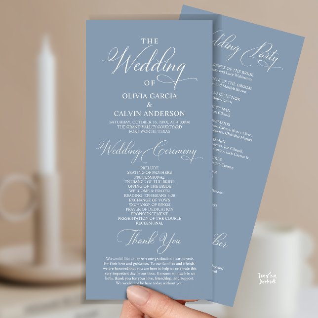 Programa Orden de Ceremonia de Boda Clásico y Elegante (Modern Elegant Classy Wedding Ceremony Order Program Card in dusty blue)