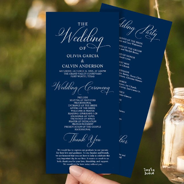Programa Orden de Ceremonia de Boda Clásico y Elegante (Modern Elegant Classy Wedding Ceremony Order Program Card in Navy Blue)