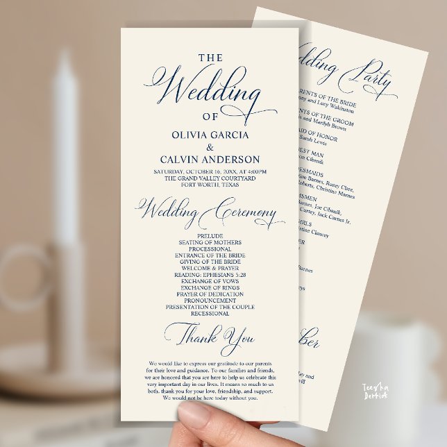 Programa Orden de Ceremonia de Boda Clásico y Elegante (Modern Elegant Classy Wedding Ceremony Order Program Card in Navy Blue and ivory)