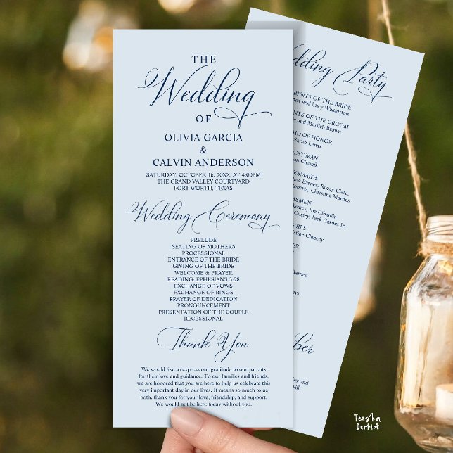 Programa Orden de Ceremonia de Boda Clásico y Elegante (Modern Elegant Classy Wedding Ceremony Order Program Card in misty Blue)