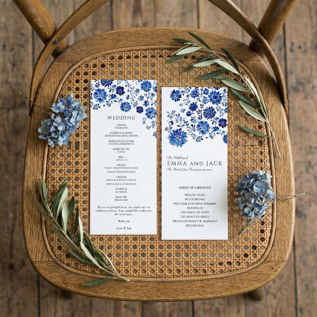 Programa Orden de Ceremonia de Boda con Flores Azules en Ac (Watercolor Blue Floral Wedding Order of Ceremony Program)