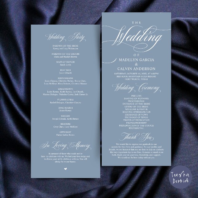 Programa Orden de Ceremonia de Boda Elegancia Clásica Graci (Classic Elegance Wedding Ceremony Order Thank you Program Card in Dusty Blue)