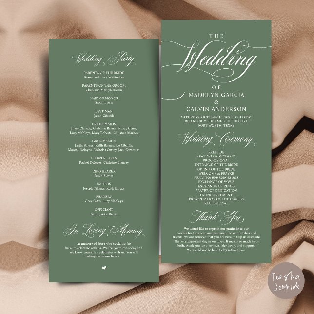 Programa Orden de Ceremonia de Boda Elegancia Clásica Graci (Classic Elegance Wedding Ceremony Order Thank you Program Card in Sage Green)