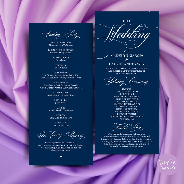 Programa Orden de Ceremonia de Boda Elegancia Clásica Graci (Classic Elegance Wedding Ceremony Order Thank you Program Card in navy Blue)