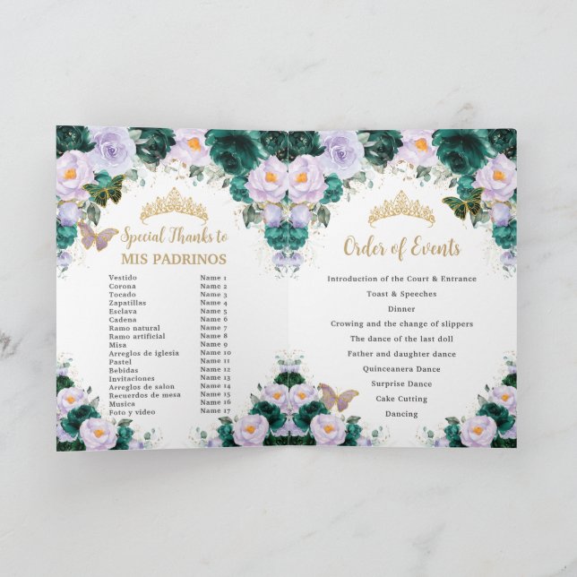 Programa Orden de eventos de la Quinceañera floral esmerald (Interior)