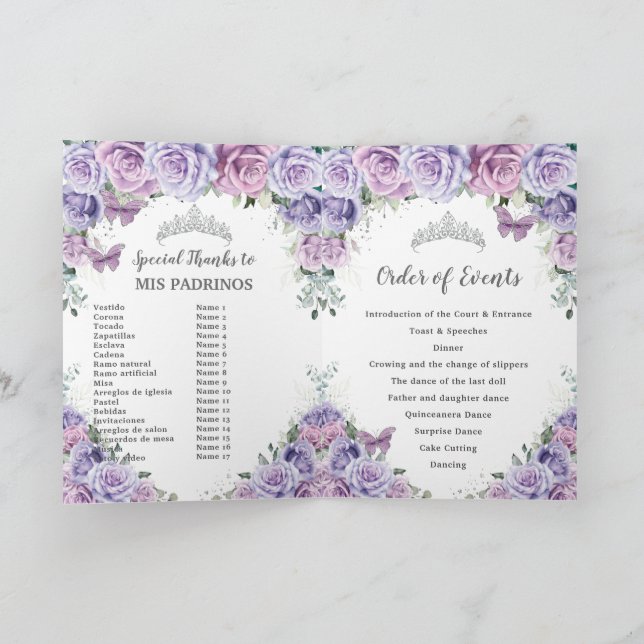 Programa Orden de eventos de Quinceañera floral púrpura Pad (Interior)