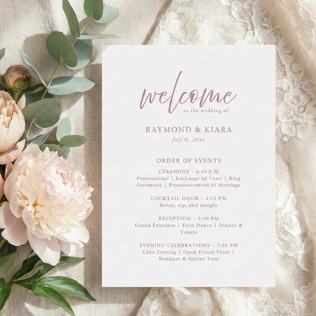 Programa Orden de eventos Dusty Pink Wedding Program Card (dusty pink order of events program card in modern script calligraphy)