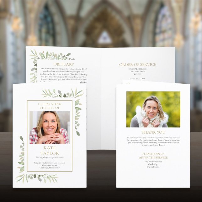 Programa Orden de servicio de memorial funerario con foto y (Funeral Memorial Order Of Service Photo Greenery Program)