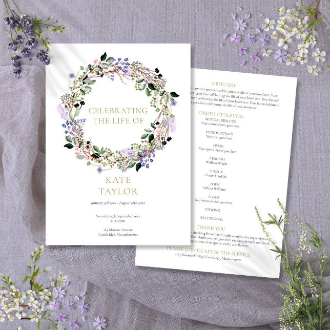Programa Orden de servicio en memoria de funerales florales (Lavender Floral Funeral Memorial Order Of Service Program)