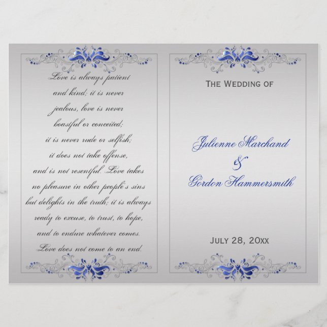 Programa Ornate Blue Silver Floral Swirls Wedding (Anverso)