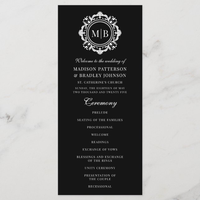 Programa Ornate Floral Monograma Boda Elegante Blanco Negro (Anverso)